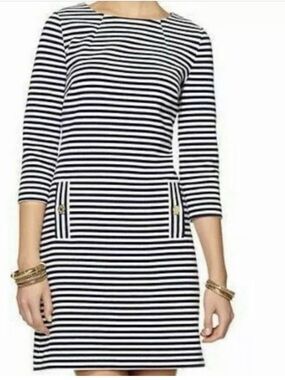 Lilly Pulitzer XS Carlene Ottoman Textured Black White Striped Dress Gold